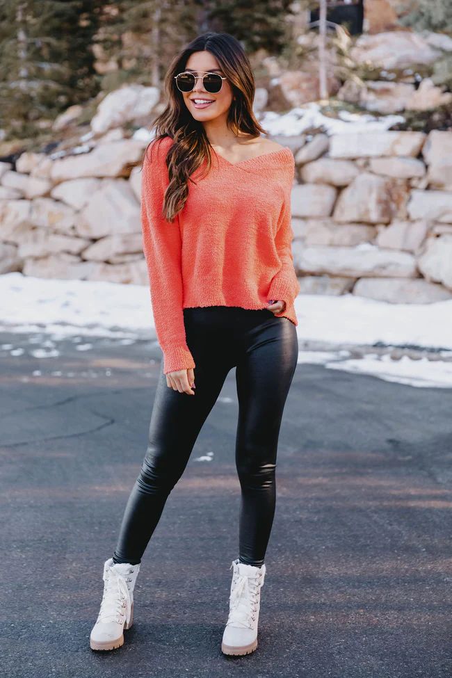 Great News Coral Fuzzy V-neck Sweater FINAL SALE | The Pink Lily Boutique