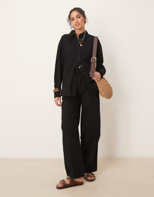 ASOS DESIGN linen look shirt and pull on trousers co-ord in black | ASOS (Global)