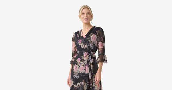 Metallic Floral-Print Chiffon Short Wrap Dress In Black Multi | Adrianna Papell