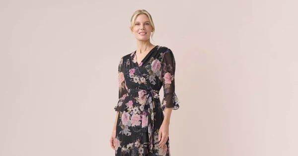 Metallic Floral-Print Chiffon Short Wrap Dress In Black Multi | Adrianna Papell