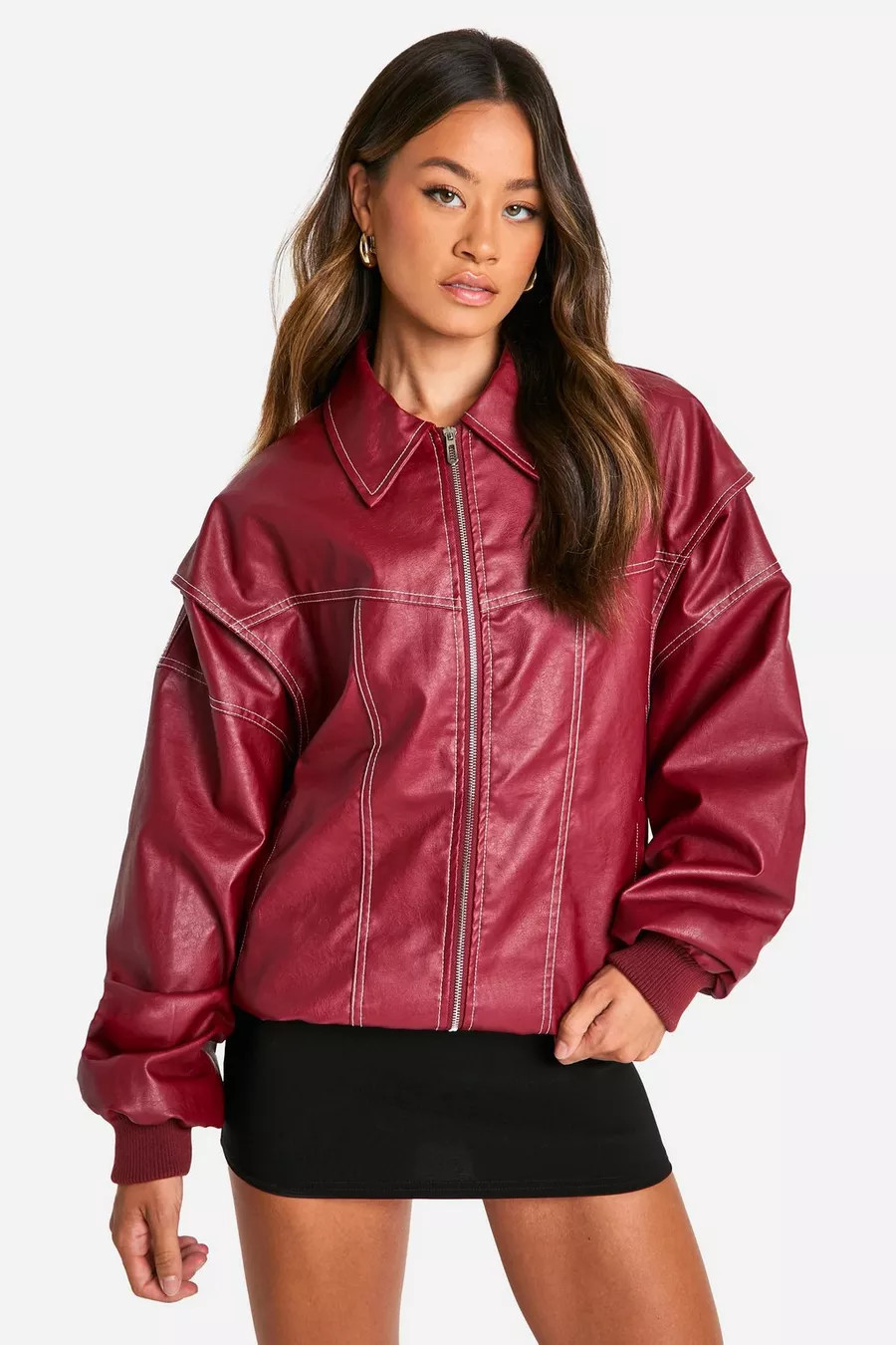 Tall Pu Contrast Stitch Oversized Bomber Jacket | Boohoo.com (UK & IE)
