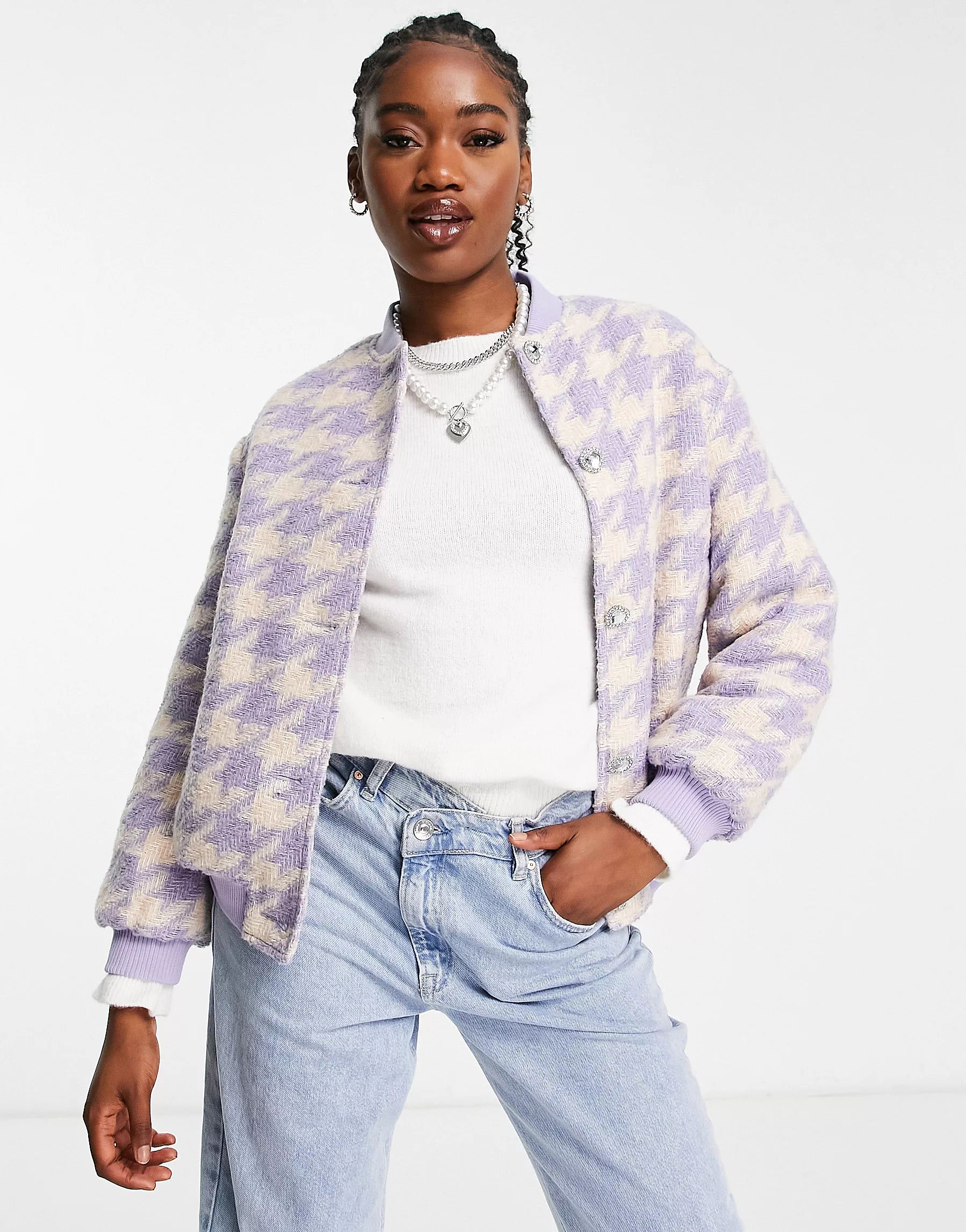 Miss Selfridge houndstooth boucle bomber jacket with diamante heart buttons | ASOS (Global)
