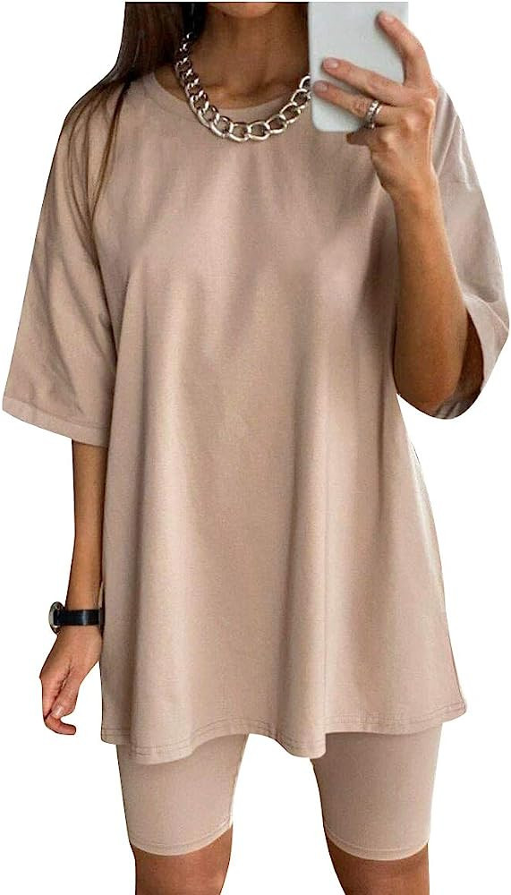 Glamaker Women 2 Piece Outfit sets Casual Oversized T-Shirt Tops Biker Shorts Workout Sports Trac... | Amazon (US)