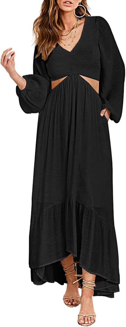 AlvaQ Women V Neck Cut Out A Line Sundress Lantern Sleeve Somcked High Waist Pleated Ruffle Flowy... | Amazon (US)