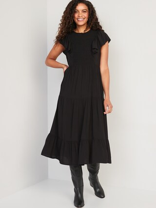 Fit & Flare Flutter-Sleeve Tiered Smocked Midi Dress for Women | Old Navy (US)