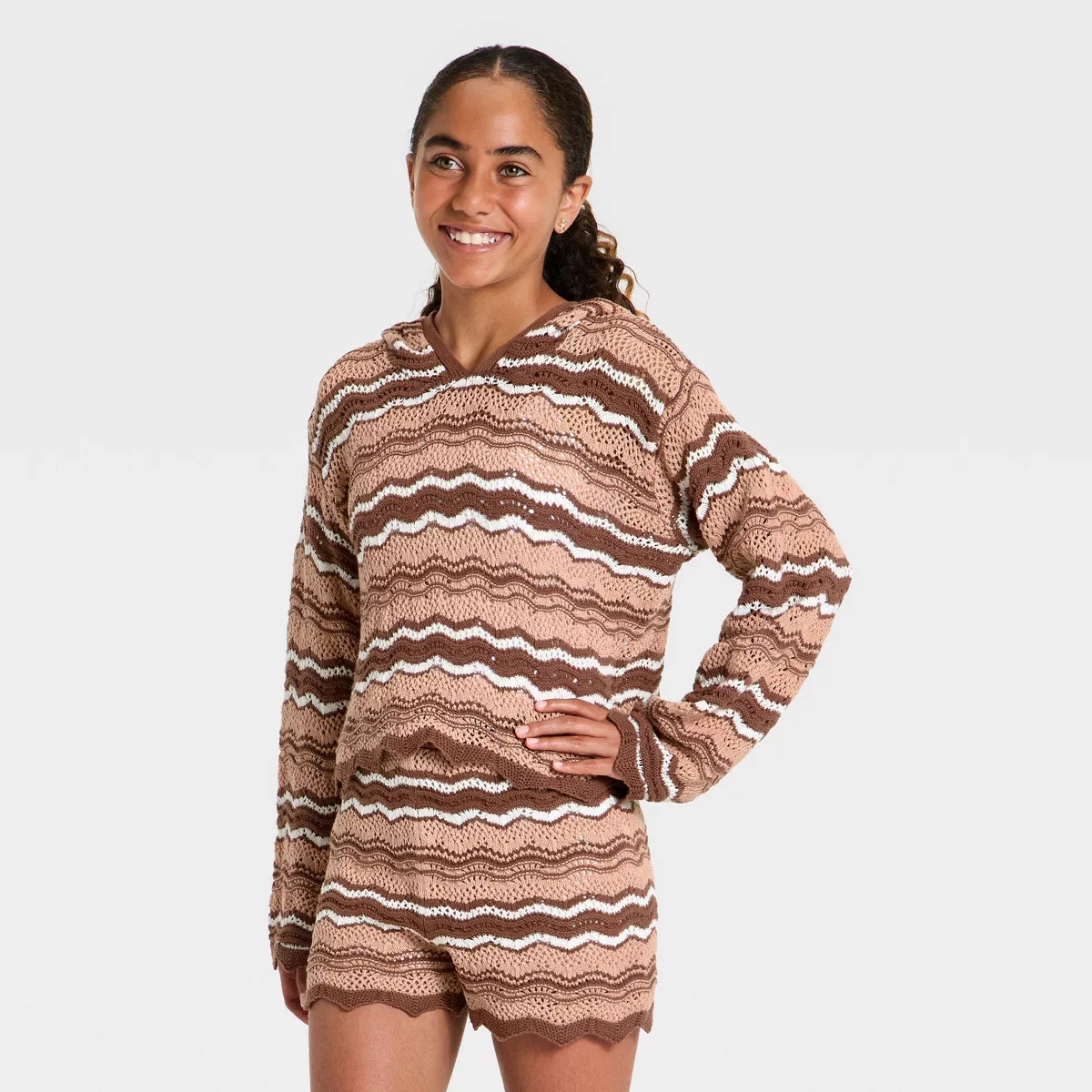 Girls' Open Work Hooded Sweater - art class\u2122 Brown M | Target