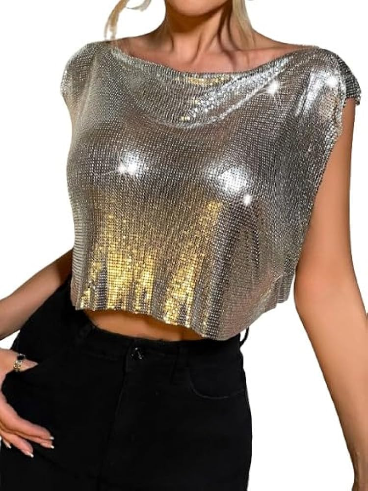 SOLY HUX Women's Metallic Top Shiny Tank Top Sleeveless Party Club Concert Crop Tops | Amazon (US)