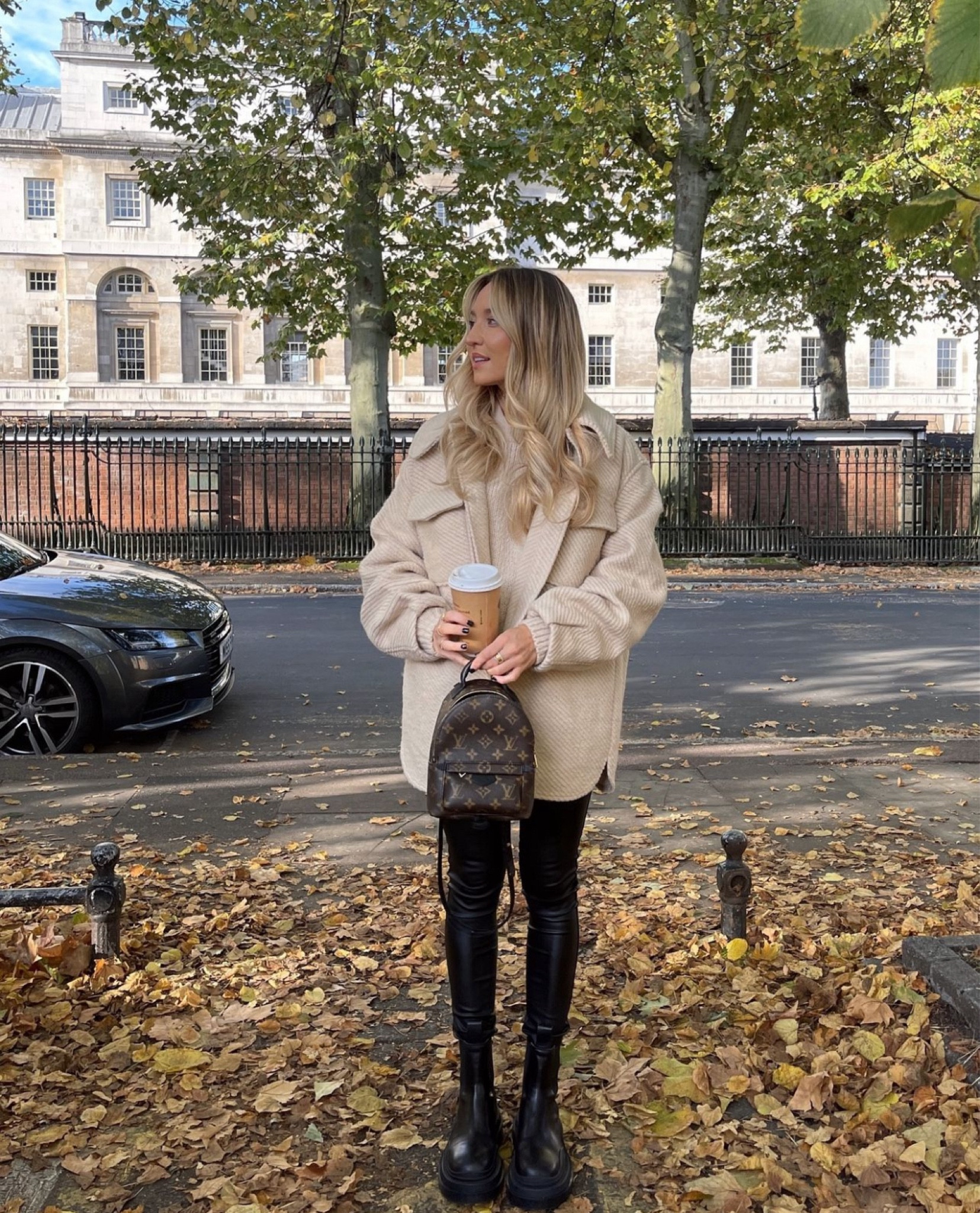 Favourite Autumn Looks 12 - another cosy cream look, this shacket is super warm and perfect to layer when it gets colder! Paired with leather trousers, black boots and a coffee for the walk (of course!) ☕️ 

#LTKautumn