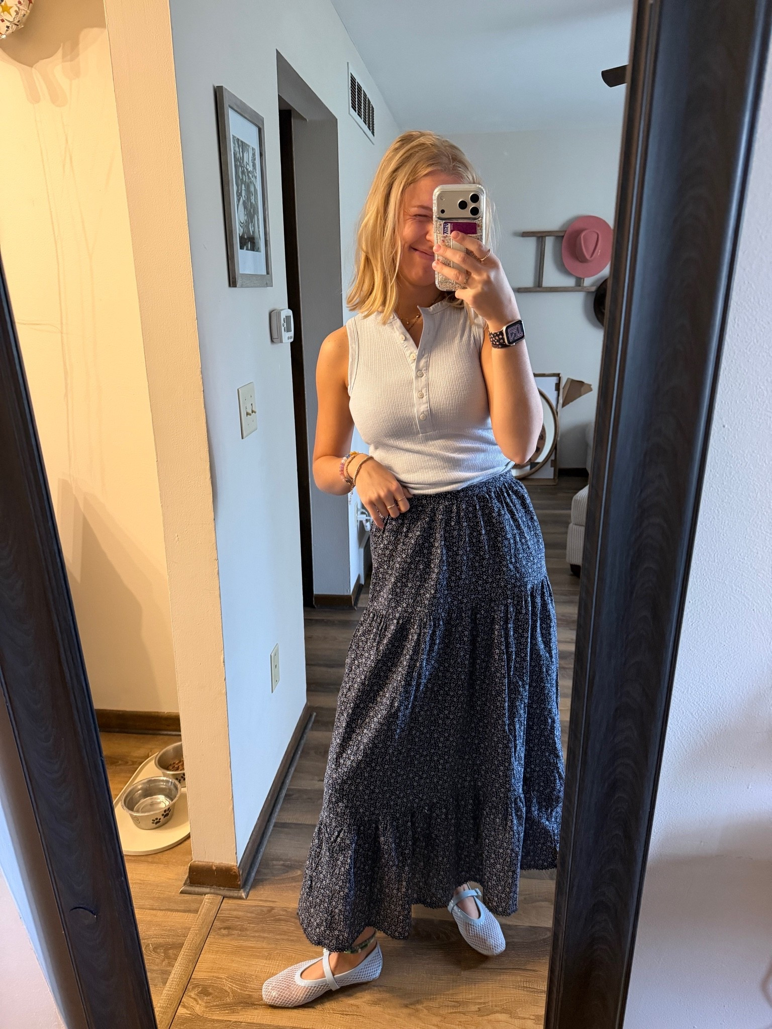 Another 👀 at this CUTE @Target outfit — 05.05.26 🌤️🩵

small in light blue tank top from @Target  
small in blue floral skirt from @Target 
8.5 in blue ballet flats from @DSW 

*linking up my favorite Nike spandex too.. always wear under dresses skirts :)

office outfits, outfit of the day, spring outfits, Target finds, Target fashion, Target deals, Target tank tops, button up tank tops, light blue tank top, Target shirts, long skirts, floral skirts, Target bottoms, summer skirts, outfits with skirts, DSW finds, DSW footwear, DSW flats, blue ballet flats, beach flats

#LTKootd #LTKSeasonal #LTKSaleAlert
