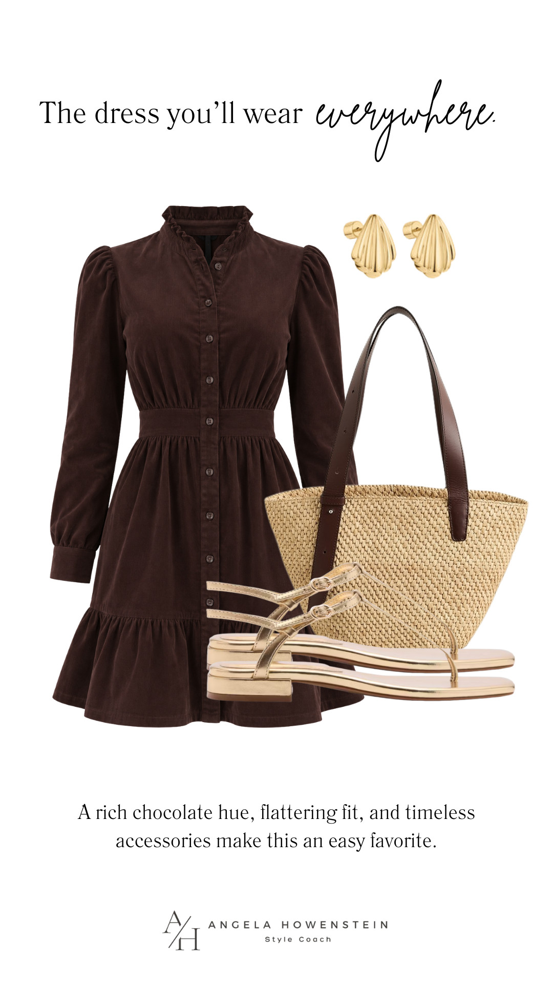A chocolate brown dress is a timeless staple for fall. The flattering cinched waist and feminine ruffle details pair beautifully with gold sandals and a woven tote for an effortless look you can wear now and transition into the season.

👩‍💻 LTK PRO TIPS
❤️ Heart = Support my posts ;-)
🔖 Save = Get sale & restock alerts for the things you love!
📋 Lists = Keep favorites organized (List ideas: Christmas, Birthdays, and Vacations!)
📲 Share = Send lists and products to a friend (or your daughters like me).
💬 Comment = Ask me anything, and I’ll answer. ;-) 

 #LTKootd #LTKSeasonal #LTKOver40