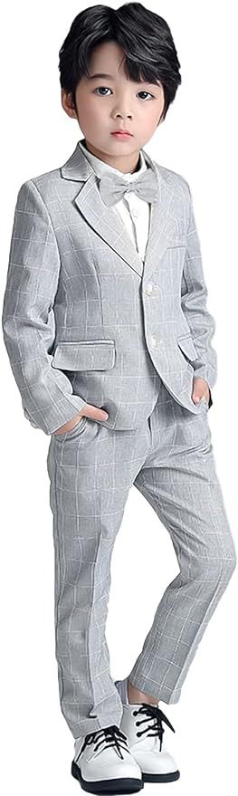 LOLANTA Boys Suit Wedding Ring Bearer Outfit Kids Suit Set; Plaid, Striped Blazer Suit Pants Bow ... | Amazon (US)