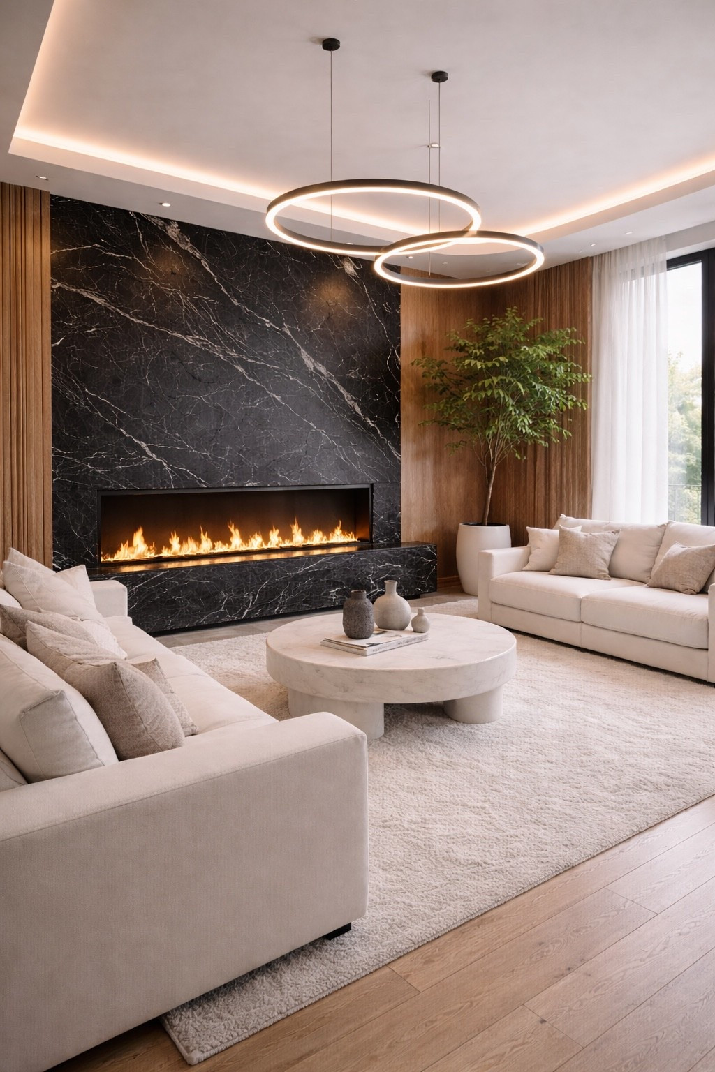 A luxurious contemporary living room featuring a dramatic black stone fireplace, warm wood wall accents, and soft neutral sofas. Integrated LED ceiling lighting and a modern sculptural chandelier create an elegant, cozy atmosphere. This design blends natural textures with modern architecture, perfect for high-end living room inspiration and contemporary interior styling. #livingroomdesign
#contemporaryliving
#moderninterior
#luxuryinterior
#blackstone
#modernfireplace
#woodinterior
#neutralhome
#interiorinspiration
#designerhome
#ledlighting
#modernlivingroom
#ltkhome
