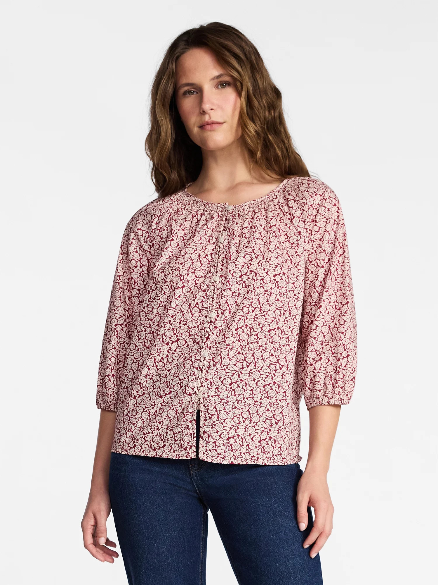 Time and Tru Women's Cotton Button Front Blouse with ¾ Length Sleeves, Sizes XS-XXXL | Walmart (US)