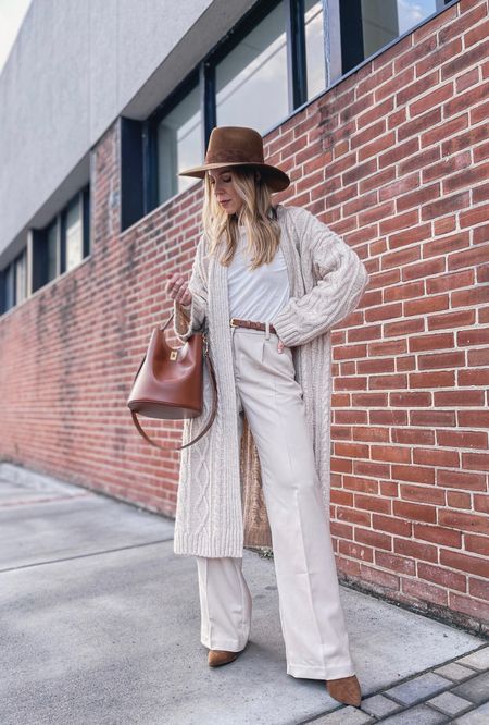 Neutral spring outfit, long cardigan, beige wide leg trousers, brown wool hat, Celine bucket bag

#LTKitbag #LTKstyletip #LTKunder50