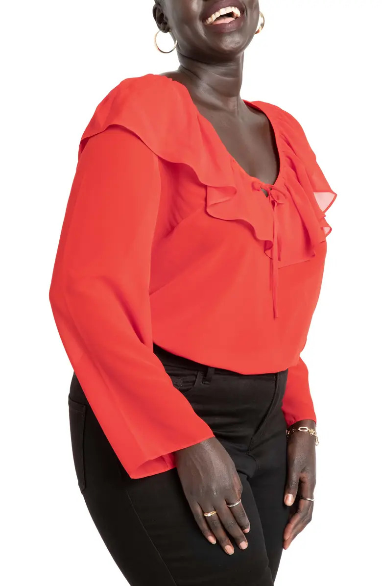 ELOQUII Ruffle Tie Neck Blouse | Nordstrom | Nordstrom