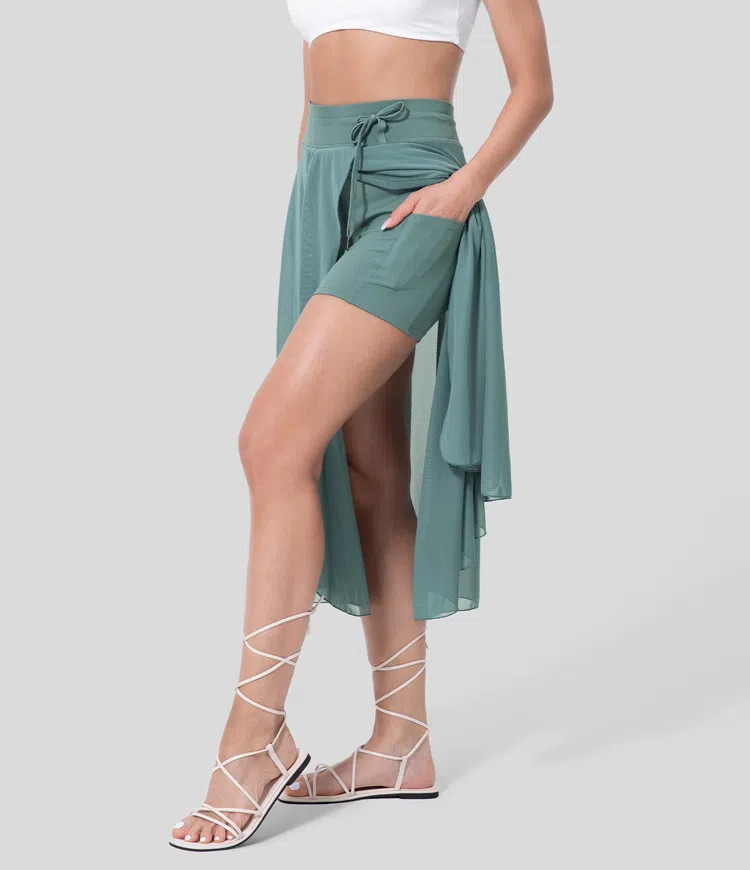 High Waisted Drawstring Contrast Mesh 2-in-1 Side Pocket Flowy Midi Flare Casual Skirt | HALARA