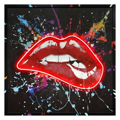 Neon Glow Lips Wall Art Canvas Neon Wall Art - 33" x 33" - Black Frame | Wayfair North America
