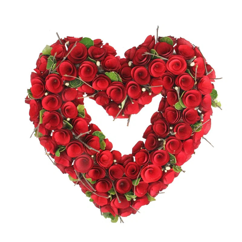 Red Wooden Rose Floral Heart Shaped Artificial Valentine's Day Wreath 14-Inch | Wayfair North America