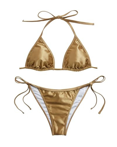 Tempt Me Metallic Gold Women Triangle Bikini Sets String Halter Bathing Suits Sexy Two Piece Swimsuits Tie Side Bottom M | Amazon (US)