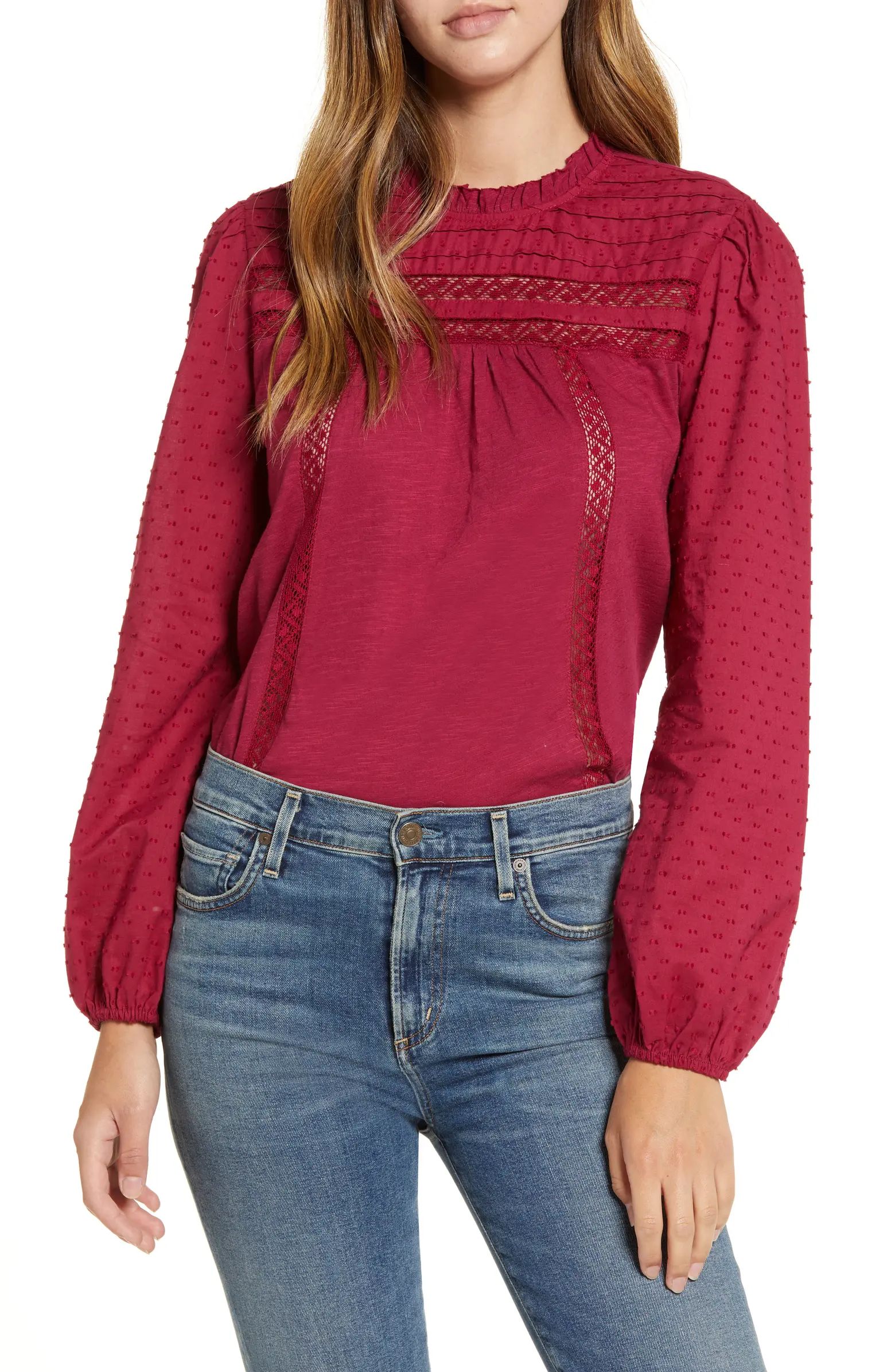 Pintuck Lace Detail Long Sleeve Cotton Blouse | Nordstrom