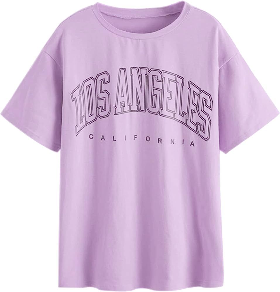Meladyan Women Casual Los Angeles Letter Print Short Sleeve Tee Shirt Oversized Summer Round Neck Sh | Amazon (US)