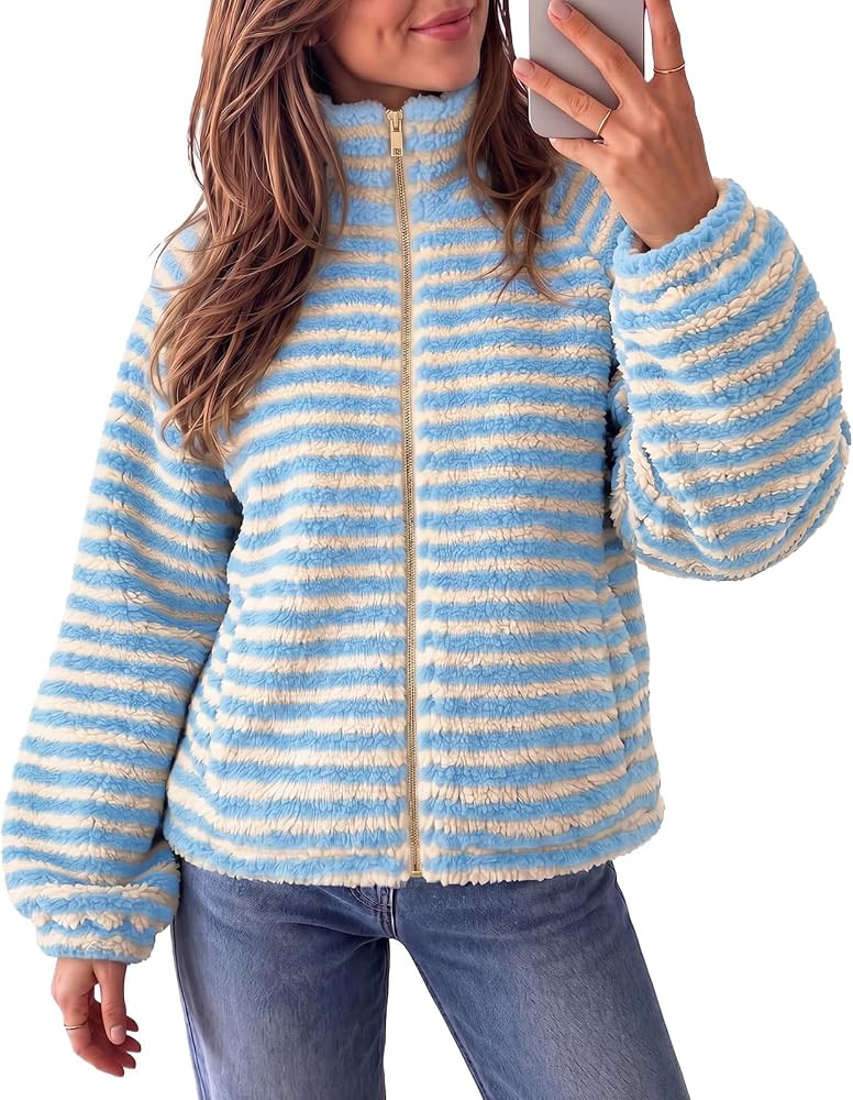 Fisoew Womens Fleece Jacket Zip Up Fuzzy Oversized Sherpa Striped Coat | Amazon (US)