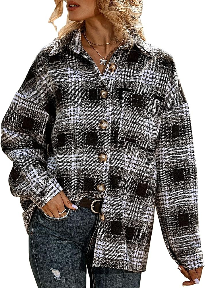 UANEO Womens Casual Plaid Button Down Long Sleeve Wool Blend Shirt Jacket Shackets | Amazon (US)