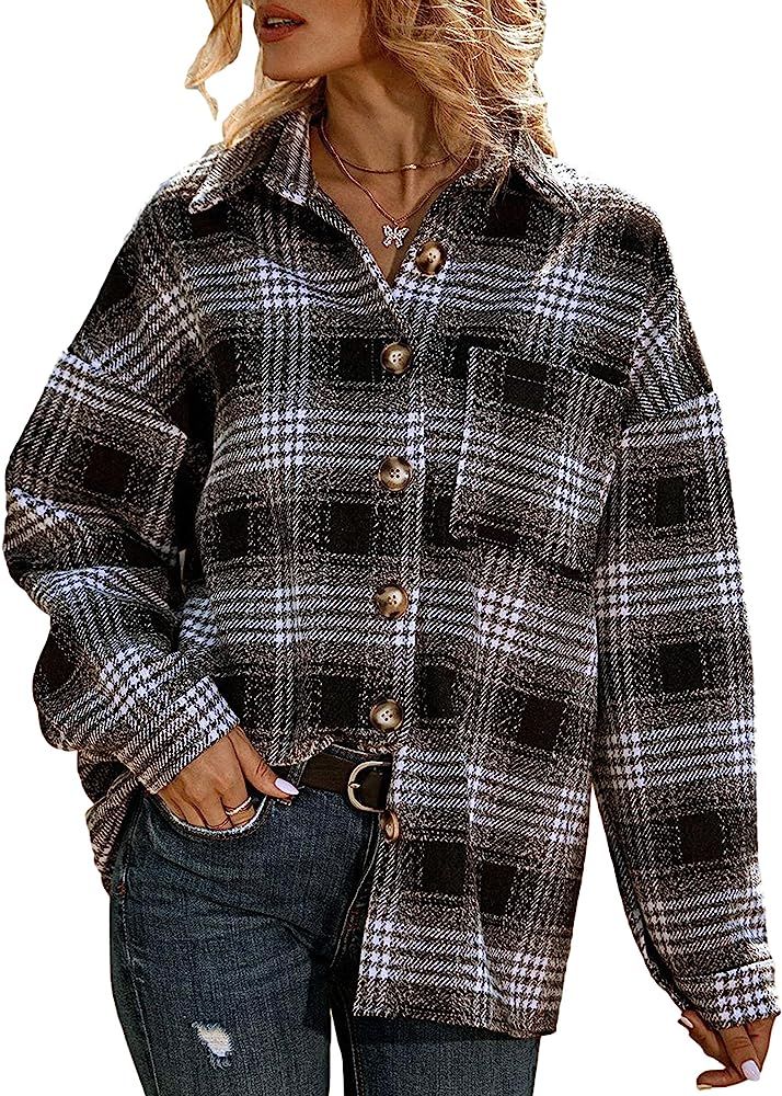 UANEO Womens Casual Plaid Button Down Long Sleeve Wool Blend Shirt Jacket Shackets | Amazon (US)