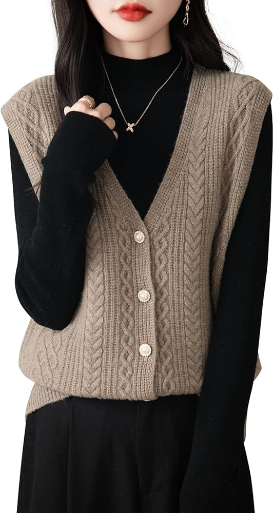 Women's 100% Merino Wool Sweater Vest 2024 Fall Winter V Neck Button Down Sleeveless Cable Knit S... | Amazon (US)