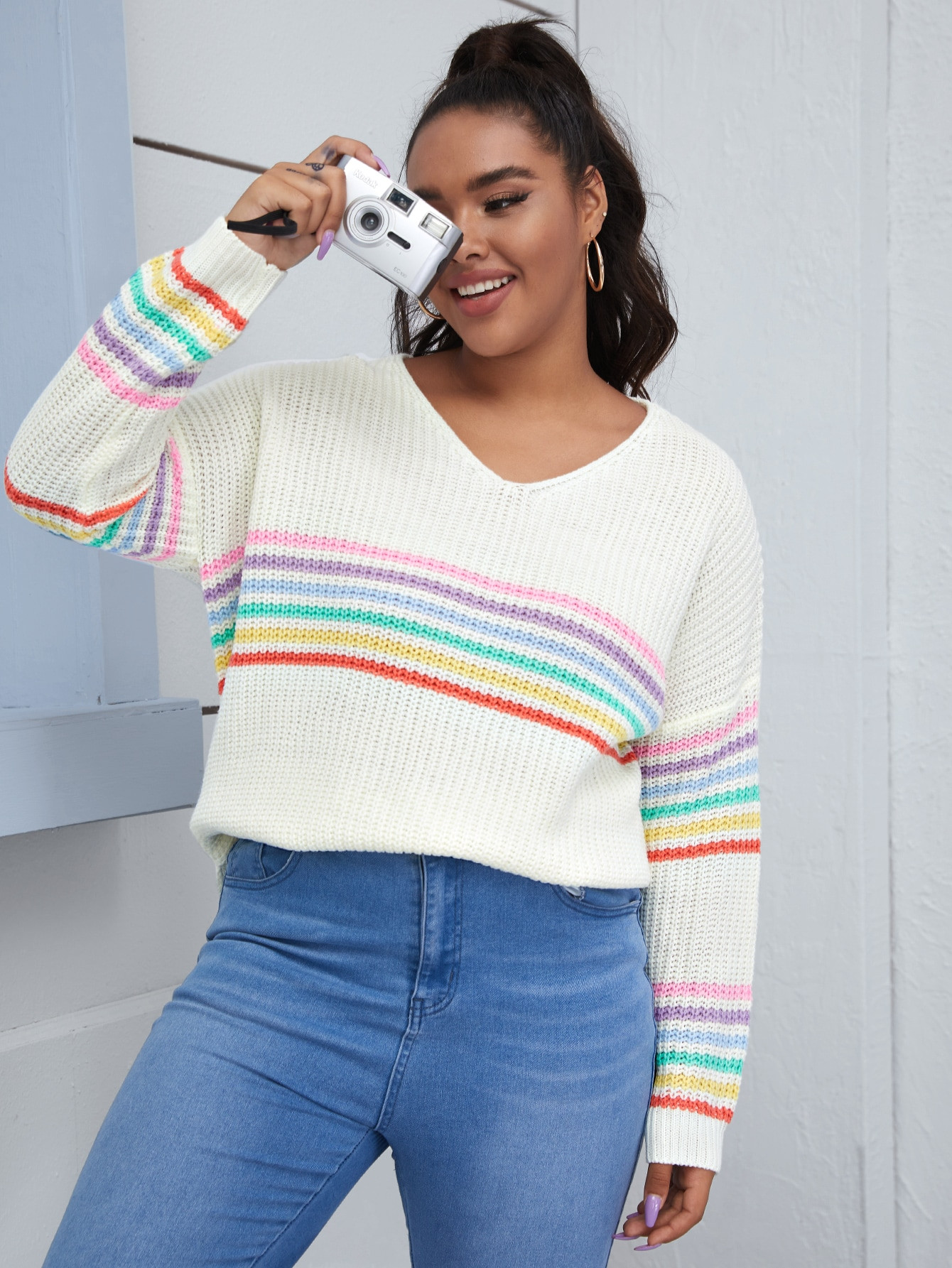 Plus V-neck Rainbow Striped Sweater | SHEIN
