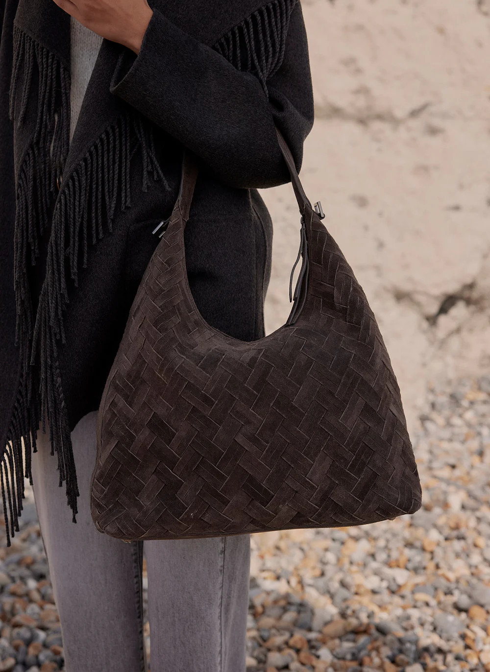 May Grey Woven Suede Shoulder Bag | Mint Velvet