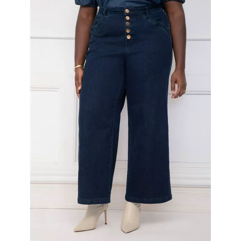 ELOQUII Elements Women's Plus High-Rise Button Fly Wide Leg Trouser Jeans | Walmart (US)