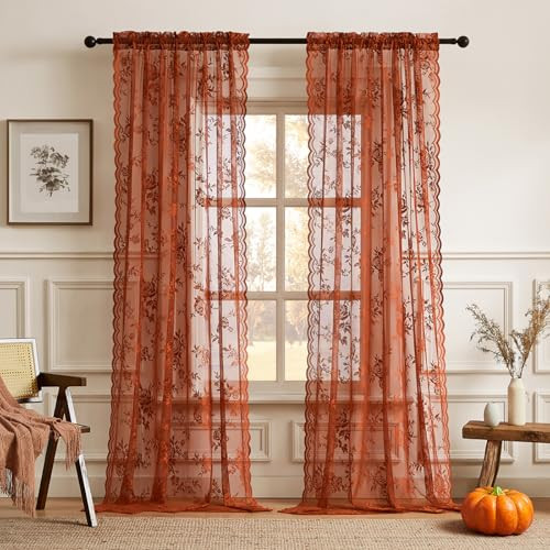 Burnt Orange Lace Curtains 96 Inches Long Fall Country Floral Sheer Curtains for Living Room Bedroom Rod Pocket Light Filtering French Lace Curtains 2 Panels for Dining Room Autumn, 52x96 Terracotta | Amazon (US)