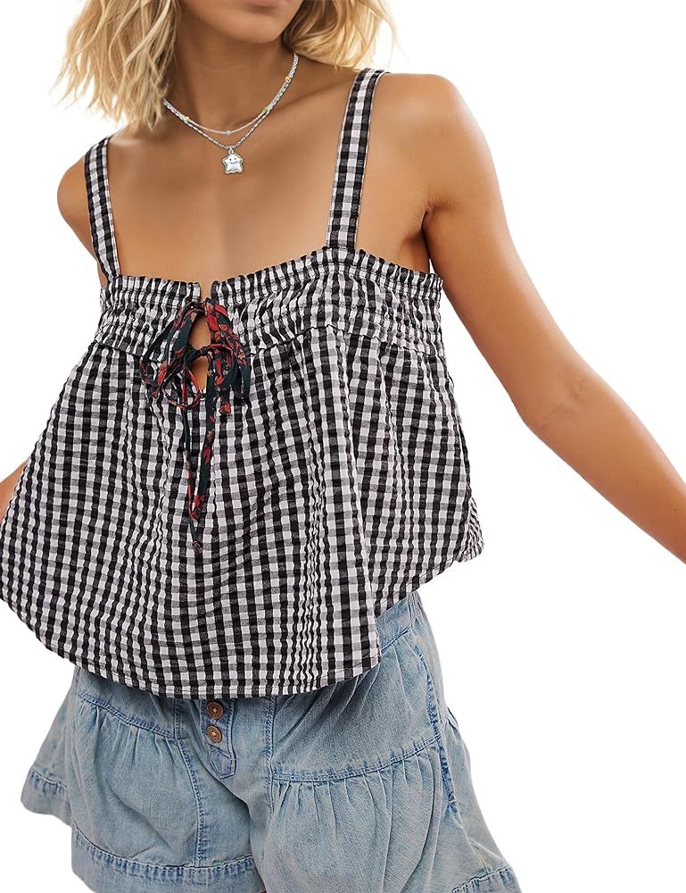 Anoumcy Cotton Gingham Camisole Tops for Women Girls Tie Front Cute Plaid Print Tank Tops Casual ... | Amazon (US)