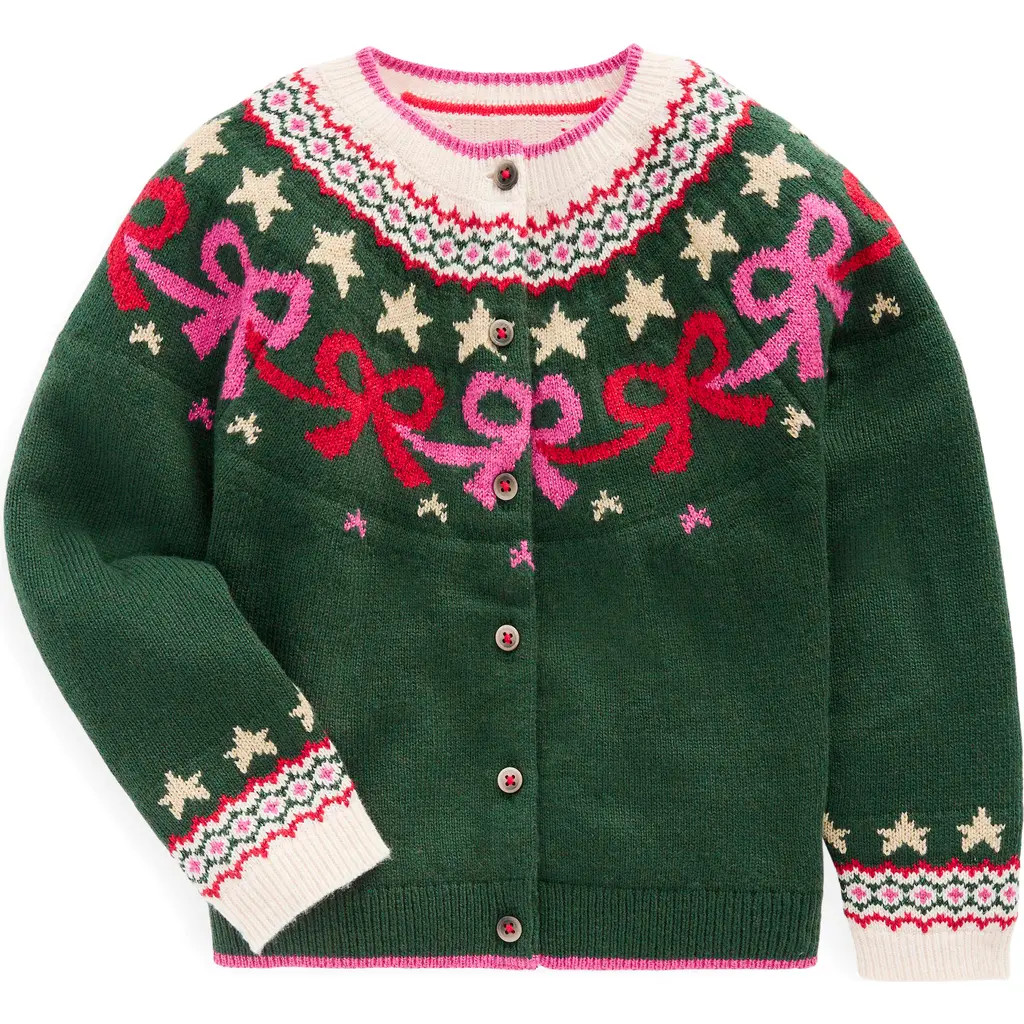 Mini Boden Kids' Edie Fair Isle Bow Cardigan in Emerald Night Bows at Nordstrom, Size 2-3Y | Nordstrom
