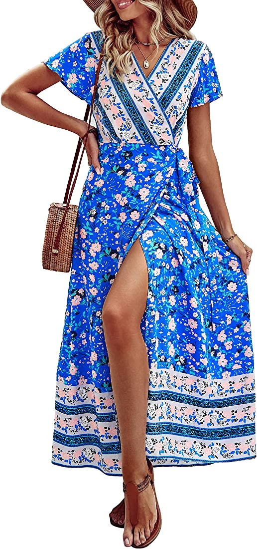 PRETTYGARDEN Women Boho Summer Side Split Deep V Neck Short Sleeves Maxi Dress with Belt | Amazon (US)