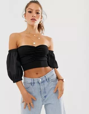 River Island bardot top with puff sleeves in black | ASOS US