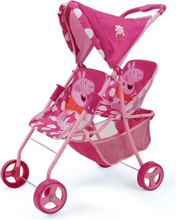 Peppa Pig: Doll Twin Stroller - Pink & White Dots - Fits Dolls Up To 24", Retractable Canopy, Eas... | Amazon (US)