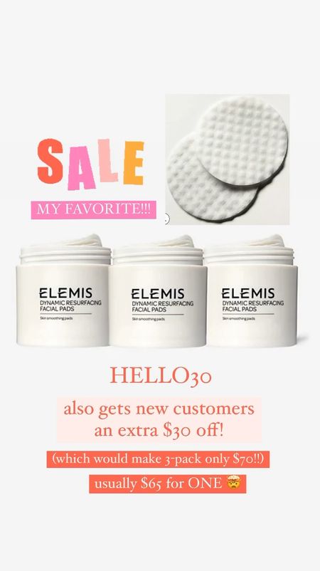 BIG Elemis resurfacing pads sale! 3-pack for $100 (code: HELLO30 get you an extra $30 off if a new customer). One pack usually retails for $65. TODAY ONLY sale 

#LTKFindsUnder100 #LTKSaleAlert #LTKBeauty
