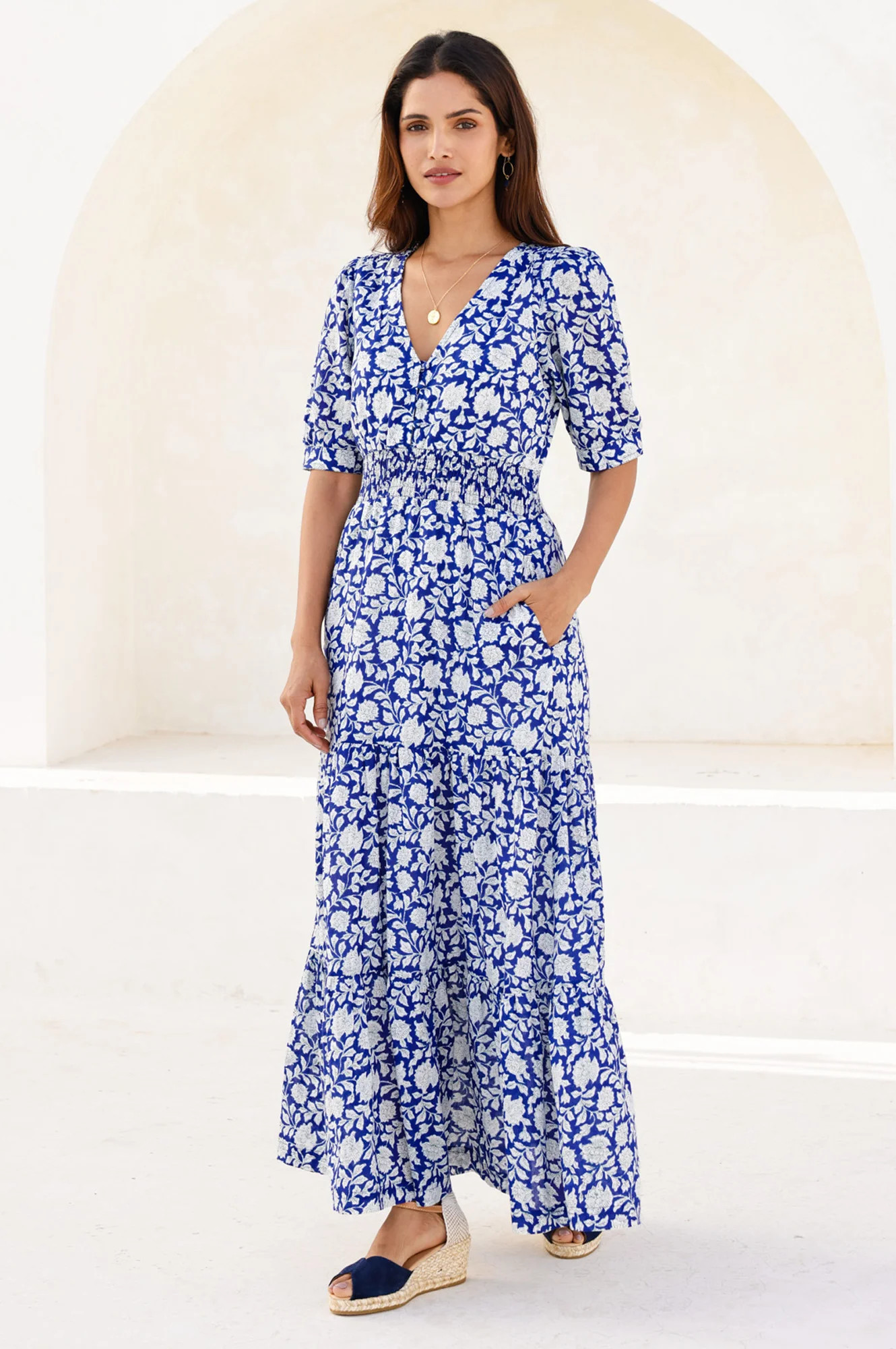 Billie Short Sleeve Organic Cotton Dress | Blue/White | Aspiga US