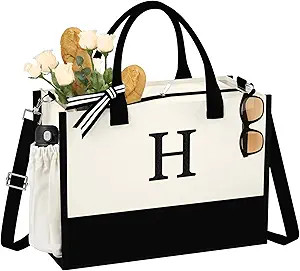 Canvas Beach Tote Bag for Women 16oz Personalized Tote Bag with Shoulder Strap&Zipper&Pockets, Em... | Amazon (US)