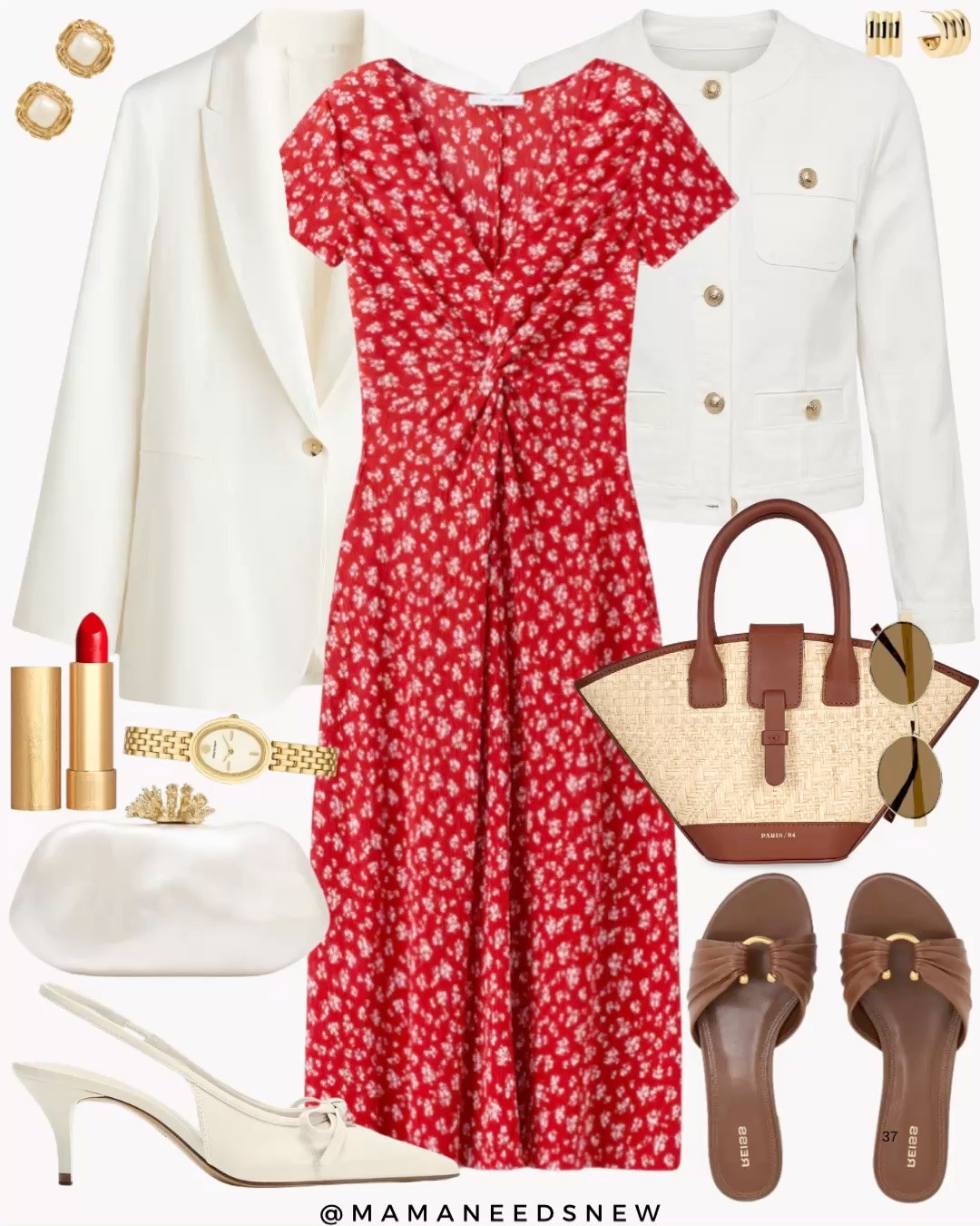 A red floral dress styled two ways for spring, dressy with a blazer, clutch purse, slingback heels, casual with a collarless denim jacket, mini tote bag, slide sandals ❤️ which way would you wear it?

#LTKSeasonal #LTKSaleAlert #LTKootd