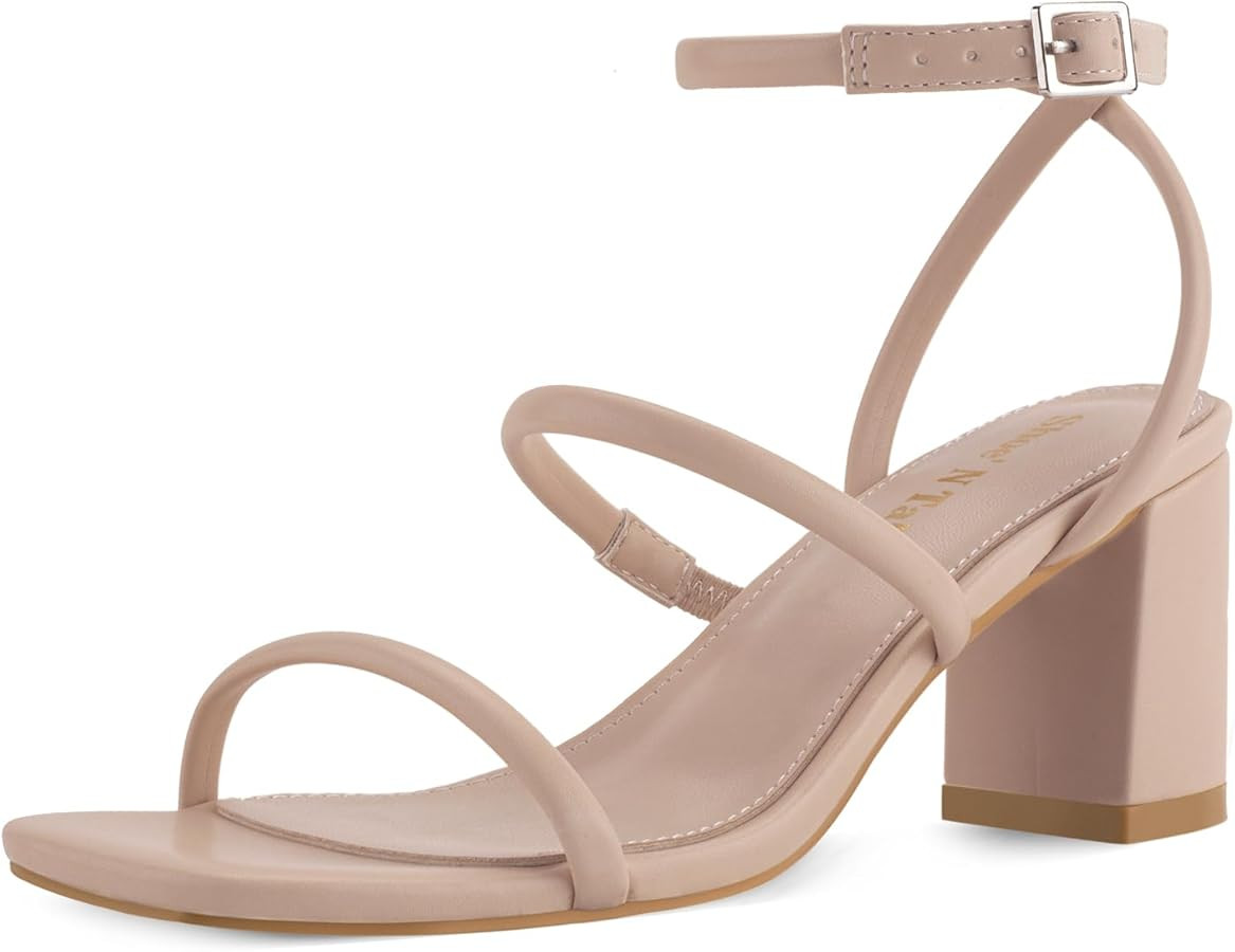 Shoe'N Tale Strappy Heels for Women Square Toe Chunky Block Heels Ankle Buckle Heeled Sandals | Amazon (US)