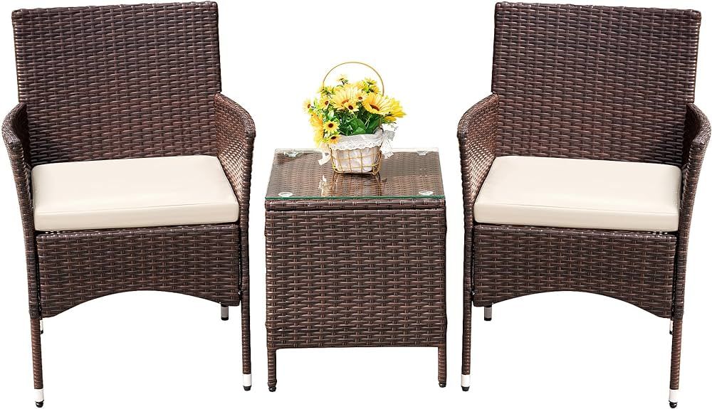 Devoko Patio Porch Furniture Sets 3 Pieces PE Rattan Wicker Chairs with Table Outdoor Garden Furniture Sets (Brown/Beige) | Amazon (US)
