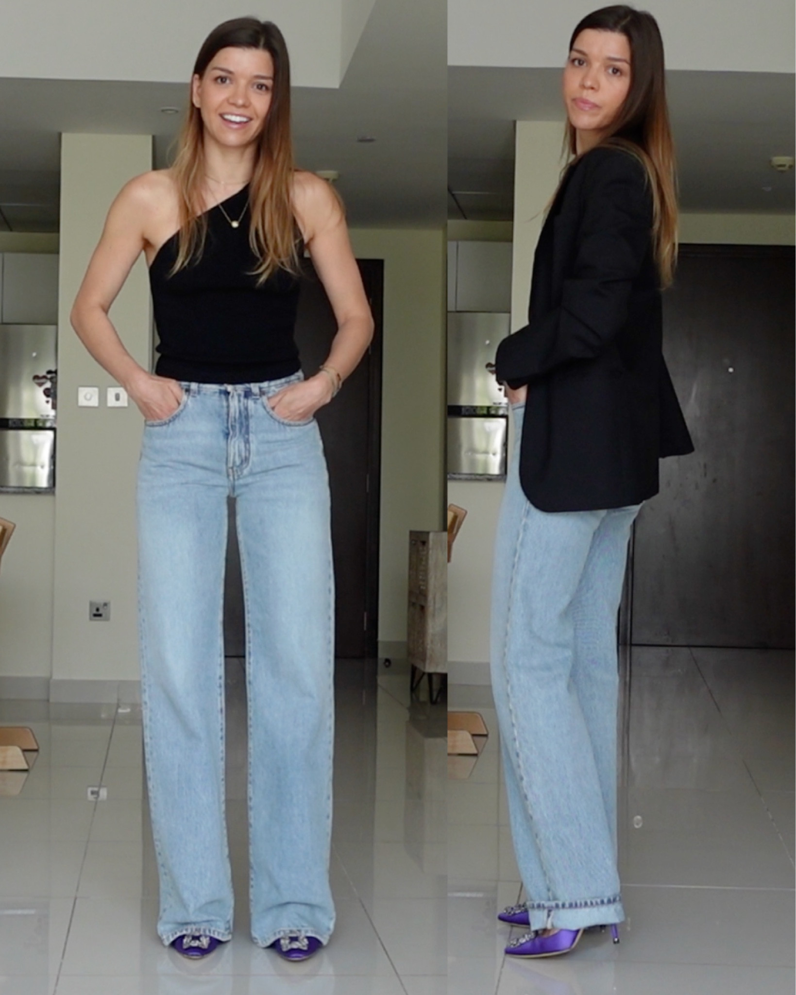 Jeans and top outfit, black blazer 