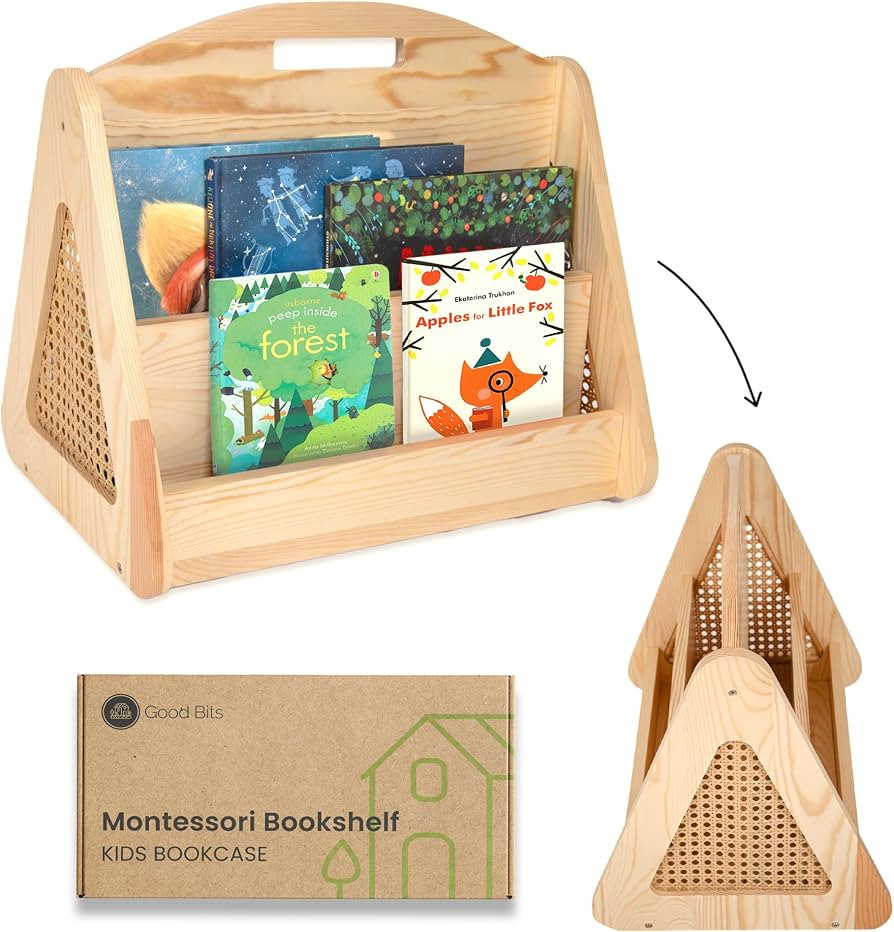 Double-Sided Montessori Bookshelf for Kids, Rattan Book Shelf for Kids Rooms, Nursery Book Shelve... | Amazon (US)