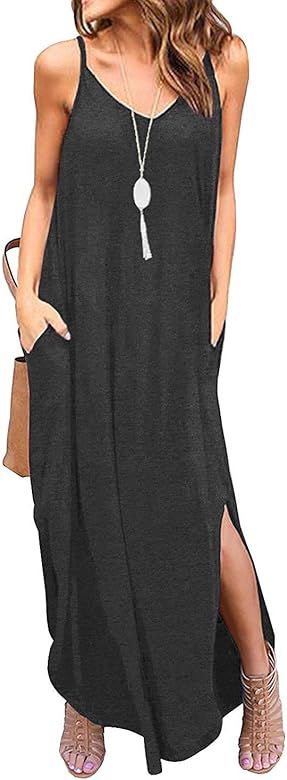 Sleeveless Strappy Cami Maxi Long Dress V Neck with Pockets Casual Beach Skirt Cover Up Slits | Amazon (US)
