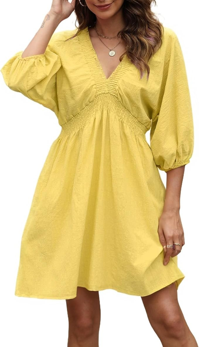 Ladyful Women's Cotton Linen Mini Dress V Neck 3/4 Sleeve Babydoll Short Flowy Dress Casual Loose... | Amazon (US)