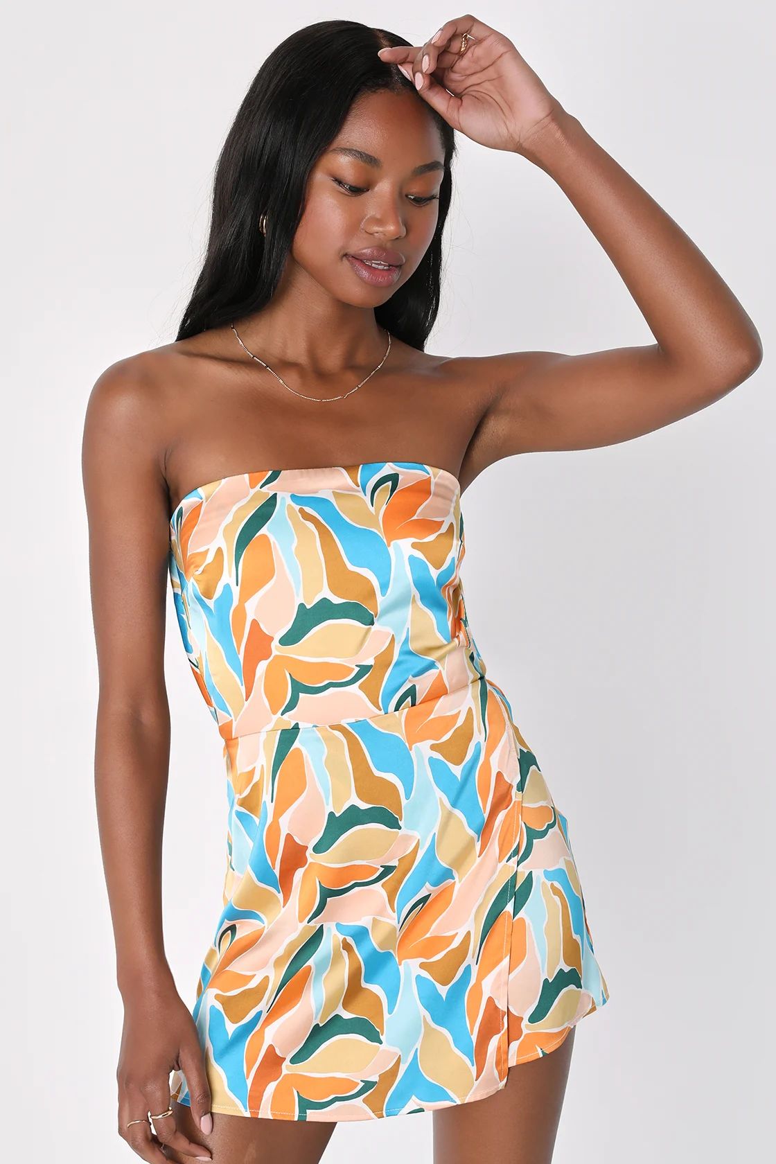 Trendsetter Era Ivory Multi Print Satin Strapless Skort Romper | Lulus (US)