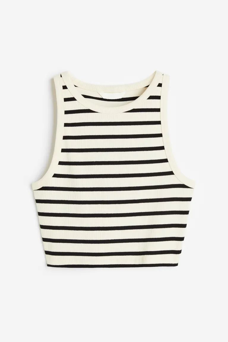 Crop Tank Top - Sleeveless - Crop - Cream/black striped - Ladies | H&M US | H&M (US + CA)